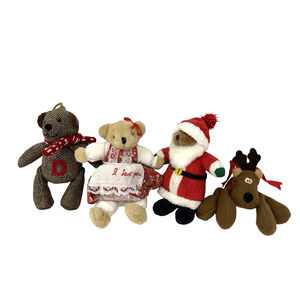 Lot of 4 Vintage Christmas Plush Ornament Teddy Bear Santa Reindeer Decor EUC